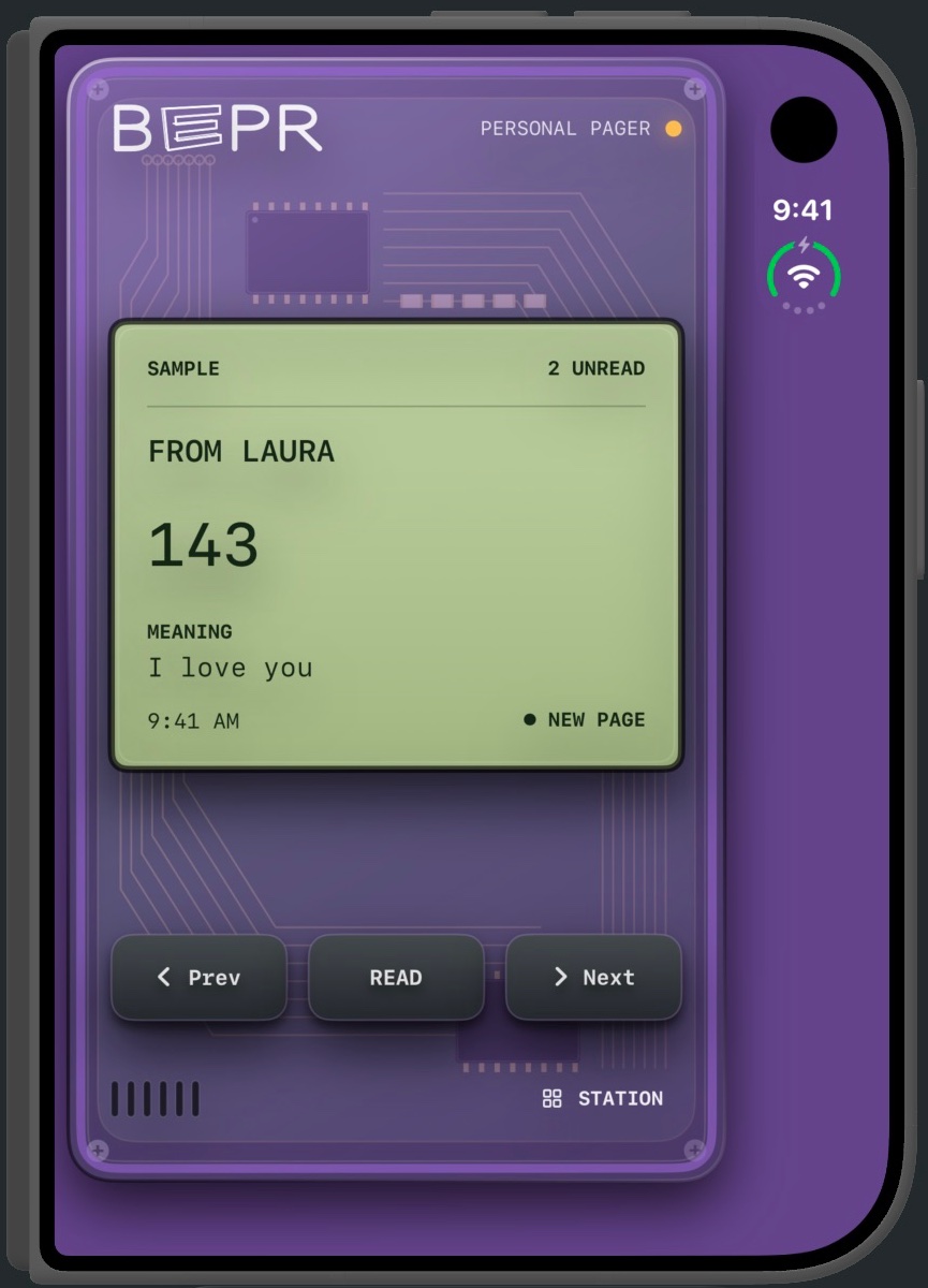 BEPR on the closed iPhone Duo: clear purple pager displaying a sample 143 from Laura
